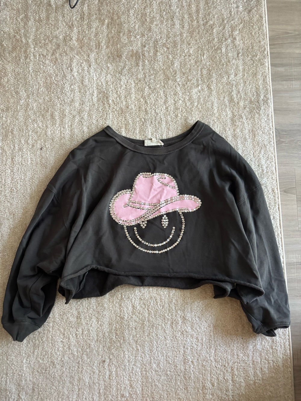 Peach Love California Gray Cropped Sweatshirt with Pink Sequin Cowboy Hat
